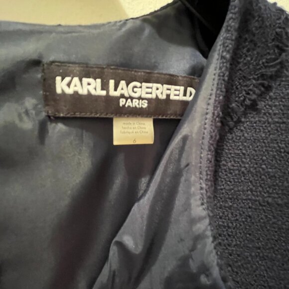 Karl Lagerfeld Paris Short Sleeve V-Neck Frayed Tweed Sheath Dress, Navy, Size 6 - Picture 5 of 5